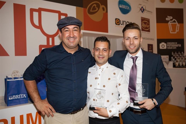 De izda. a dcha.: Rayco Paz (3º), Javier Carrión (1º) y José Vicente Arrué (2º), podio del Cto. Nacional de Baristas 2016. Foto: Fórum Café.